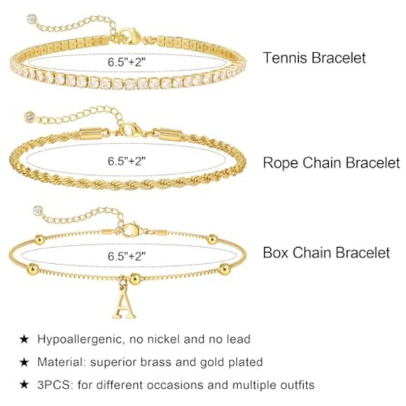 Dainty Gold Bracelets Set Personalized Initial Stackable Tennis Rope Chain - Picture 6 of 8